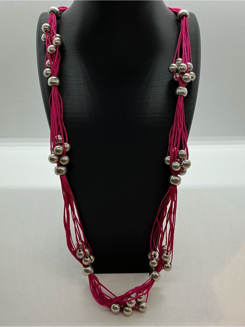 Long Raspberry Pink Silver Colored Round Beads Threaded Necklace Lightweight